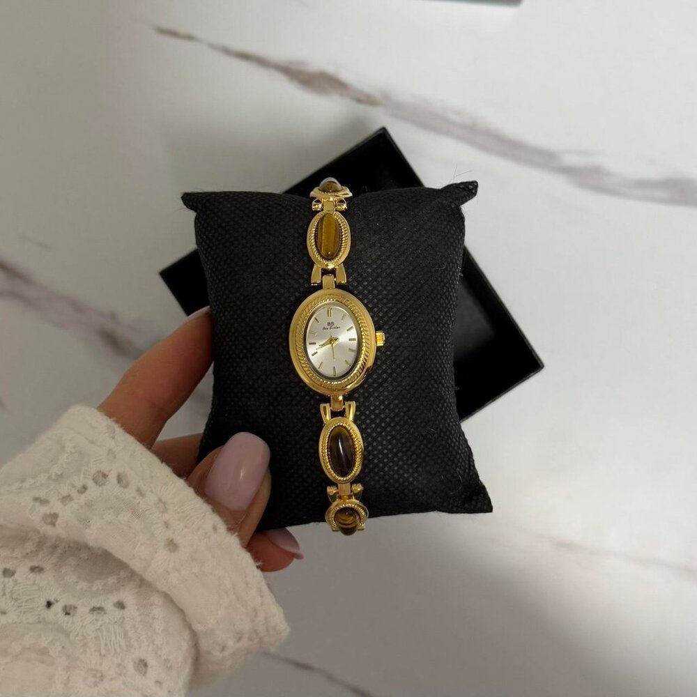 Sku0479 Retro Gold White dial Brown Gemstones Women Fashion Oval Watch +gift bag - Picture 8 of 8